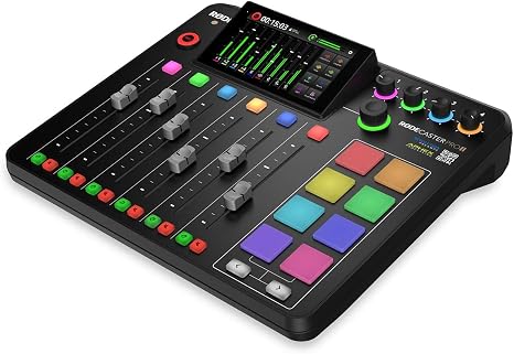 Rode RODECaster Pro II - Consola de estudio de producción de audio integrada, paquete con 2 brazos de transmisión, 4 micrófonos de audio de torniquete, auriculares, soporte de micrófono, cable XLR, tarjeta SD de 64 GB