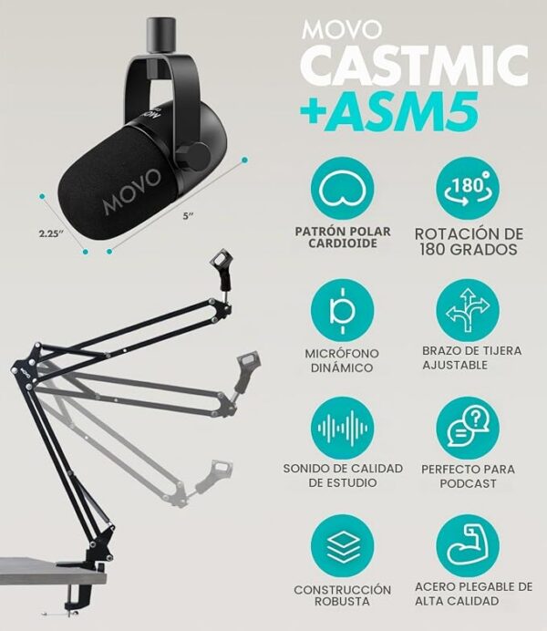 Movo Paquete de equipos de podcast para 4 personas - Interfaz de audio USB de 4 canales, 4 micrófonos dinámicos CastMic, 4 brazos Boom - Kit completo de grabación