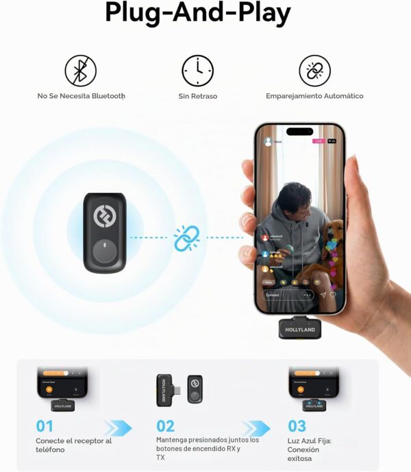 Micrófono inalámbrico Hollyland Lark A1 para iPhone 17/16/15 y Android, 48kHz/24-bit, cancelación inteligente de ruido de 3 niveles, micrófono mini magnético para YouTube, Podcast, Vlogging (Negro