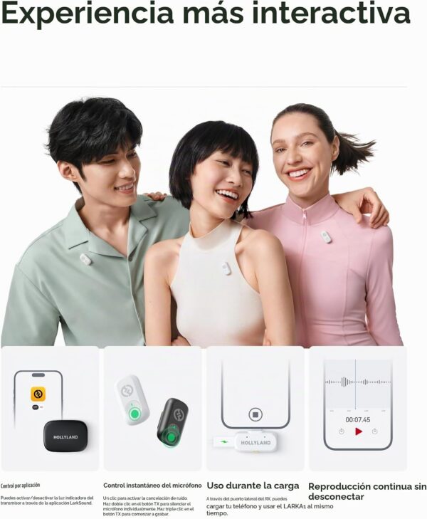 Micrófono inalámbrico Hollyland Lark A1 para iPhone 17/16/15 y Android, 48kHz/24-bit, cancelación inteligente de ruido de 3 niveles, micrófono mini magnético para YouTube, Podcast, Vlogging (Negro