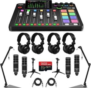 Rode RODECaster Pro II - Consola de estudio de producción de audio integrada, paquete con 2 brazos de transmisión, 4 micrófonos de audio de torniquete, auriculares, soporte de micrófono, cable XLR, tarjeta SD de 64 GB