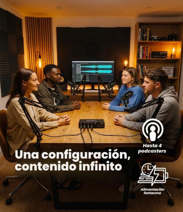 Movo Paquete de equipos de podcast para 4 personas - Interfaz de audio USB de 4 canales, 4 micrófonos dinámicos CastMic, 4 brazos Boom - Kit completo de grabación