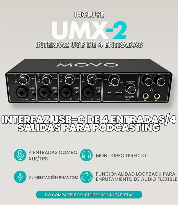 Movo Paquete de equipos de podcast para 4 personas - Interfaz de audio USB de 4 canales, 4 micrófonos dinámicos CastMic, 4 brazos Boom - Kit completo de grabación