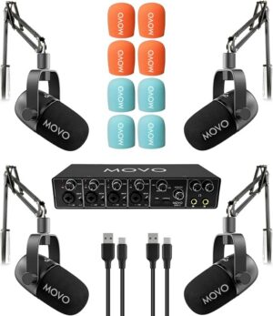 Movo Paquete de equipos de podcast para 4 personas - Interfaz de audio USB de 4 canales, 4 micrófonos dinámicos CastMic, 4 brazos Boom - Kit completo de grabación