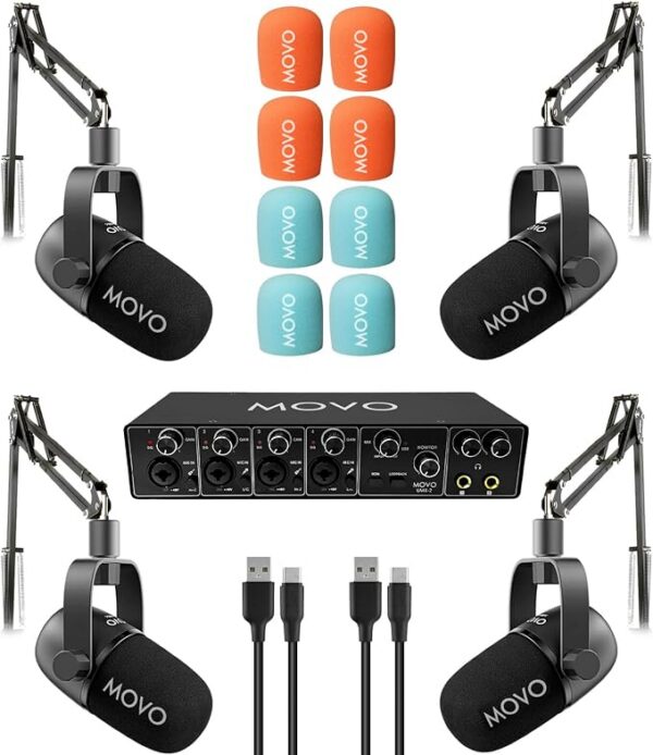 Movo Paquete de equipos de podcast para 4 personas - Interfaz de audio USB de 4 canales, 4 micrófonos dinámicos CastMic, 4 brazos Boom - Kit completo de grabación