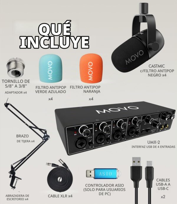Movo Paquete de equipos de podcast para 4 personas - Interfaz de audio USB de 4 canales, 4 micrófonos dinámicos CastMic, 4 brazos Boom - Kit completo de grabación