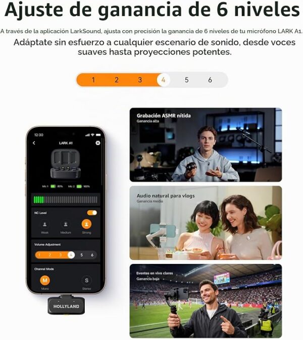 Micrófono inalámbrico Hollyland Lark A1 para iPhone 17/16/15 y Android, 48kHz/24-bit, cancelación inteligente de ruido de 3 niveles, micrófono mini magnético para YouTube, Podcast, Vlogging (Negro
